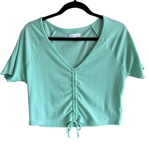 Colsie Mint Green‎ Ribbed Knit Crop Top V Neck Drawstring Short Sleeve XL